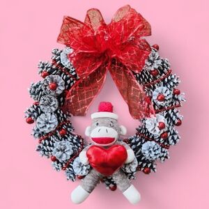 Sock Monkey Valentine’s Day Pinecone Wreath Red Heart Door Decor